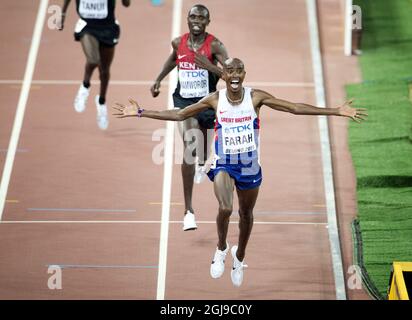 PEKING 20150822 der Brite Mohamed Farah gewinnt das 10000-Meter-Finale der Männer während der IAAF-Weltmeisterschaft 2015 in Peking im Nationalstadion in Peking, China, 22. August 2015. Foto: Jessica Gow / TT / Kod 10070 Stockfoto