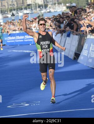 STOCKHOLM 2015-08-22 der Portugiese Joao Pereira wurde Zweiter auf der olympischen Distanz der Männer beim ITU World Triathlon 2015 in Stockholm, Schweden, am 23. August 2018. Foto: Jonas Ekstromer / TT / Kod 10080 ** SCHWEDEN AUS ** Stockfoto