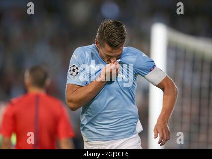 Markus Rosenberg von Malmo feiert das Eröffnungstreffer während des UEFA Champions League-Play-off-Fußballspiels zwischen Malmo FF und Celtic FC am 25. August 2015 im Malmo New Stadium in Malmo, Schweden. Foto: Andreas Hillergren / TT / Code 10600 Stockfoto