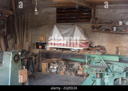 Europa, Kroatien, Insel Hvar, Stari Grad. Spielzeug Segelboot Werkstatt Stari Grad, Stockfoto