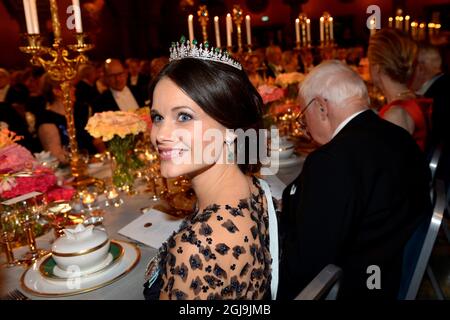 STOCKHOLM 2015-12-10 Prinzessin Sofia während des Nobelbanketts im Rathaus von Stockholm, Schweden, 10. Dezember 2015. Foto: Fredrik Sandberg / TT / Kod 10080 Stockfoto