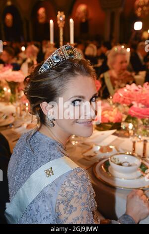 STOCKHOLM 2015-12-10 Prinzessin Madeleine während des Nobelbanketts im Rathaus von Stockholm, Schweden, 10. Dezember 2015. Foto: Fredrik Sandberg / TT / Kod 10080 Stockfoto