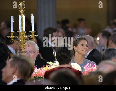 STOCKHOLM 2015-12-10 Prinzessin Madeleine während des Nobelbanketts im Rathaus von Stockholm, Schweden, 10. Dezember 2015. Foto Jonas EkstrÃƒÂ¶mer / TT / Kod 10030 Stockfoto