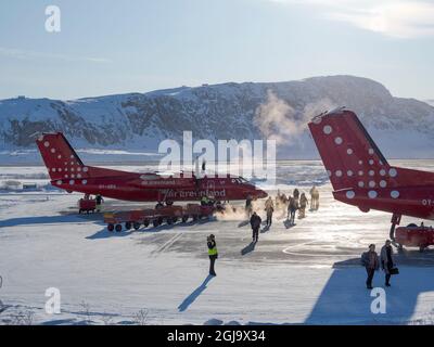 Kangerlussuaq Flughafen im Winter, Drehscheibe für alle Flüge in Grönland. (Nur Für Redaktionelle Zwecke) Stockfoto