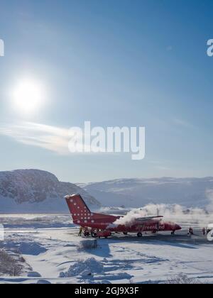 Kangerlussuaq Flughafen im Winter, Drehscheibe für alle Flüge in Grönland. (Nur Für Redaktionelle Zwecke) Stockfoto