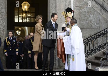 STOCKHOLM 2016-04-30 Alois, Erbprinz von Liechtenstein und Prinzessin Sophia von Liechtenstein, bei der Ankunft beim Te Deum-Danksagedienst in der Königlichen Kapelle anlässlich des Geburtstages des schwedischen Königs Carl XVI. GustafÂ, Samstag, 30. April 2016. Foto: Maja Suslin / TT / Code 10300 Stockfoto