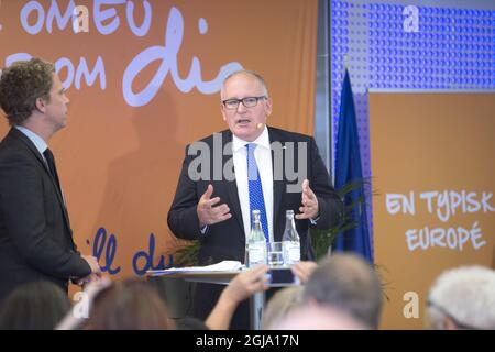 STOCKHOLM 20160602 Frans Timmermans, erster Vizepräsident der Europäischen Kommission, wird während eines Seminars über die Zukunft der EU in der Â„EuropahusetÂ“, der Vertretung der EU-Kommission in Stockholm, Schweden, am 2. Juni 2018, sprechen sehen Foto: Fredrik Sandberg / TT / Kod10080 Stockfoto