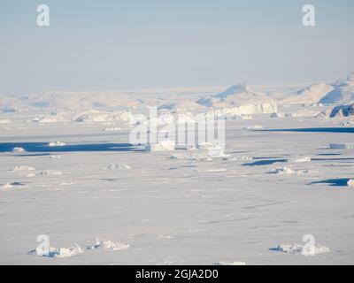 Meereis mit Eisbergen in der Baffin-Bucht, zwischen Kullorsuaq und Upernavik im hohen Norden Grönlands im Winter. Stockfoto