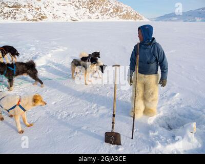 Eine Robbe aus einer Falle unter dem Meereis ernten. Inuit Jäger trägt traditionelle Hosen und Stiefel aus Eisbären Fell, Melville Bay in der Nähe Stockfoto