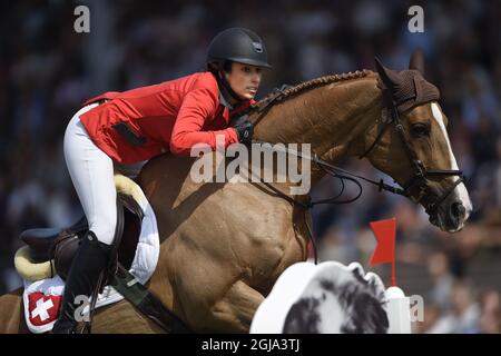 FALSTERBO 20160708 Janice Sprunger aus der Schweiz reitet während des Furusiyya FEI Nations Cup-Springen auf der Falsterbo Horse Show in Falsterbo, Schweden, am 8. Juli 2016. Foto Bjorn Lindgren / TT / Code 9290 Stockfoto