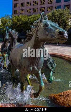 Die Bronzeskulptur, 'Mustangs of Las Colinas' in Williams Square Plaza, Irving, Texas, USA Stockfoto