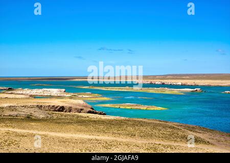 Argentinien, Santa Cruz. Puerto Deseado, entlang der Flussmündung des Deseado bei Ebbe. Stockfoto