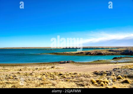 Argentinien, Santa Cruz. Puerto Deseado, Flussmündung des Deseado bei Ebbe. Stockfoto