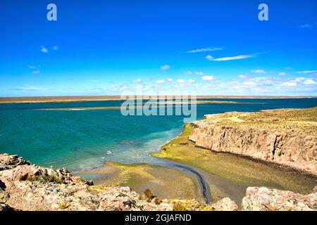 Argentinien, Santa Cruz. Puerto Deseado, Flussmündung des Deseado bei Ebbe. Stockfoto