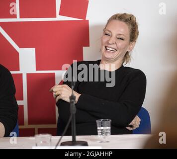 BENGTSFORS 2017-03-07 die US-Schauspielerin Uma Thurman bei einem Pressegespräch über den neuen Film „The House That Jack Built“ des dänischen Regisseurs Lars von Trier in Bengtsfors, Schweden, 7. März 2017. Foto: Bjorn Larsson Rosvall / TT / kod 9200 Stockfoto