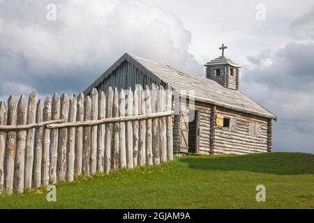 Diese Kirche war Teil der Festung, die der chilenische Präsident Manuel Bulnes 1843 südlich von Punta Arenas in chilenischem Patagonien errichtet hat. Stockfoto