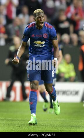 STOCKHOLM 20170524 Uniteds Paul Pogba feiert sein erstes Tor während des UEFA Europa League-Finalsspiels zwischen Ajax und Manchester United am 24. Mai 2017 in der Friends Arena in Stockholm, Schweden. Foto: Anders Wiklund / TT NACHRICHTENAGENTUR / Code 10040 Stockfoto