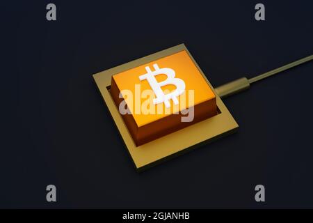 Bitcoin 3D gerenderte Taste mit Draht auf einem schwarzen dunklen Hintergrund. Hintergrund des Krypto-Währungswechselkonzepts Stockfoto