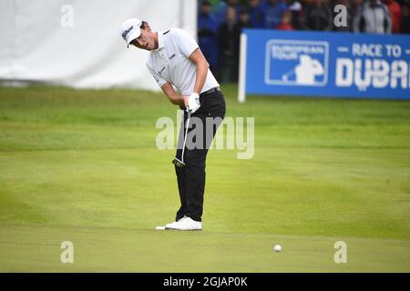 BARSEBACK 20170604 der Italiener Renato Paratore spielt beim vierten Tag der Nordea-Meister im Barseback Golf Club am Sonntag, den 4. Juni 2017 seinen Schuss auf Green 18 Foto: Emil Langvad / TT kod 9290 Stockfoto