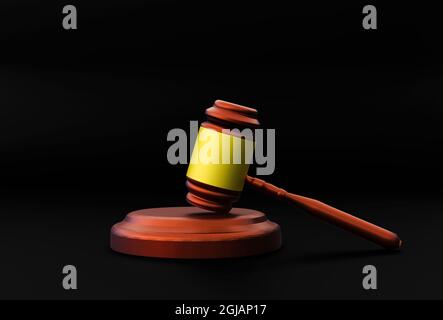 Gerechtigkeit Symbol Gavel und Gesetz Zeichen in 3D gerendert auf dunkelschwarzem Hintergrund. Moderne Justiz und Gericht Konzept Hintergrund Stockfoto