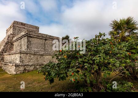 Tempel des Windes in der archäologischen Zone von Tulum Ruinen der Maya-Hafenstadt in Tulum, Mexiko Stockfoto