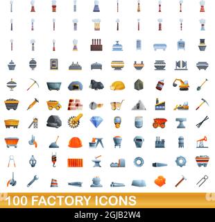 100 werkseitige Symbole eingestellt. Cartoon-Illustration von 100 Fabrik Symbole Vektor isoliert auf weißem Hintergrund gesetzt Stock Vektor