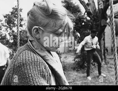 1969-03-25 Schauspielerin inger Nilsson als Pippi Langstrumpf bekommt ihre Perücke und Sommersprossen vor den Dreharbeiten zu einem Pippi-Film. Foto Bo Aje Mellin / SVT-Code 5600 Stockfoto