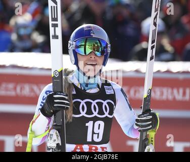 Lindsey Vonn, USA, reagiert nach dem Super G-Finalrennen der Frauen beim FIS Alpinen Ski-Weltcup in Are, Schweden, am 15. März 2018. Pto: Anders Wiklund / TT 10040 Stockfoto