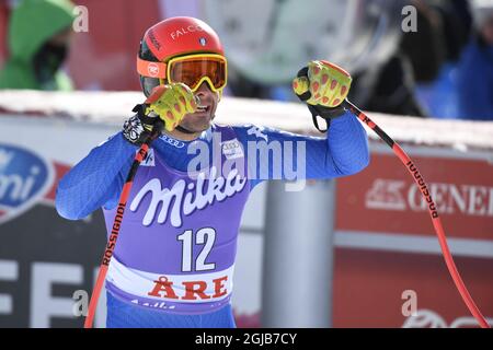 KORREKTUR VON NAMEN DES ITALIENISCHEN SKIFAHRERS Christof Innerhofer reagiert nach dem Super G-Finalrennen der Männer beim FIS Alpinen Ski-Weltcup in Are, Schweden, am 15. März 2018. Pto: Anders Wiklund / TT 10040 Stockfoto