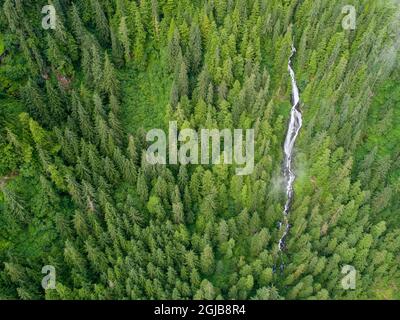 USA, Alaska, Juneau, Taku Harbour State Marine Park, Luftaufnahme des Wasserfalls am Berghang im Küstenregenwald Stockfoto