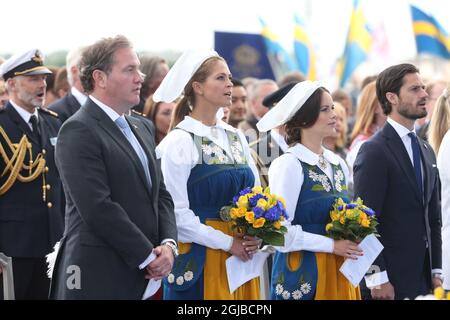 STOCKHOLM 20180606 von links Christopher O'Neill, Prinzessin Madeleine, Prinzessin Sofia und Prinz Carl Philip während der traditionellen Nationalfeiertage in Skansen in Stockholm. Foto: Soren Andersson / TT / Code 1037 Stockfoto