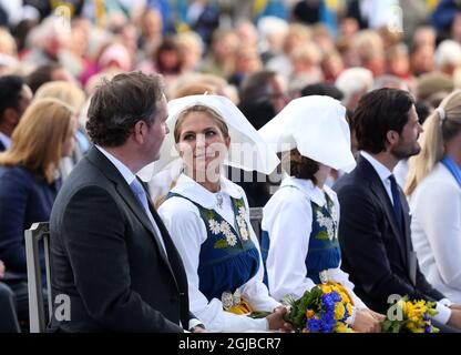 STOCKHOLM 20180606 von links Christopher O'Neill, Prinzessin Madeleine, Prinzessin Sofia und Prinz Carl Philip während der traditionellen Nationalfeiertage in Skansen in Stockholm. Foto: Soren Andersson / TT / Code 1037 Stockfoto