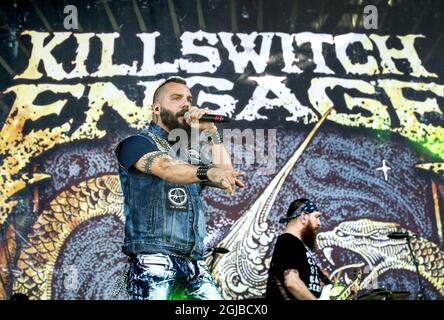 SOLVESBORG 20180607 die amerikanische Metalcore-Band Killswitch Engage tritt am 07. Juni 2018 beim Sweden Rock Festival in Norje, außerhalb von Solvesborg, in Südschweden, auf. Foto: Claudio Bresciani / TT / Code 10090 Stockfoto