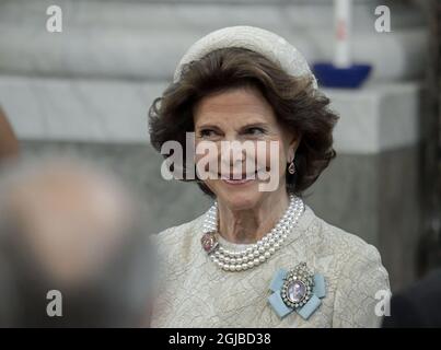 STOCKHOLM 20180608 Königin Silvia in der Drottningholm Palace Kirche, Schweden am Freitag während der Taufe von Prinzessin Madeleine und Chris Oâ €™Neillâ™s Tochter Prinzessin Adrienne Foto: Janerik Henriksson / TT kod 10030 Stockfoto