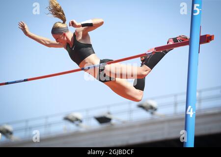 Sandi Morris aus den USA tritt am 10. Juni 2018 während der Polsprung-Veranstaltung der Frauen beim IAAF Diamond League 2018-Treffen im Stockholmer Olympiastadion in Stockholm, Schweden, an. Foto: SÃ¶ren Andersson / TT / code1037 Stockfoto