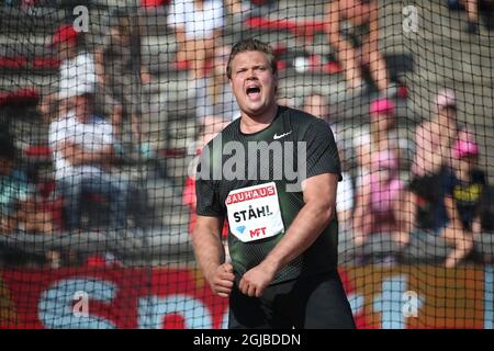 Der Schwede Daniel Stahl reagiert während der Diskusveranstaltung der Männer beim IAAF Diamond League 2018-Treffen im Stockholmer Olympiastadion in Stockholm, Schweden, am 10. Juni 2018. Foto: Soren Andersson / TT / code1037 Stockfoto