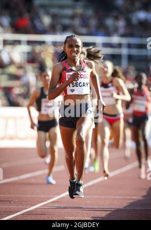 Gudaf Tsegay aus Äthiopien kämpft am 10. Juni 2018 beim IAAF Diamond League 2018-Treffen im Stockholmer Olympiastadion in Stockholm, Schweden, um den 1500-Meter-Lauf der Frauen zu gewinnen. Foto: Soren Andersson / TT / code1037 Stockfoto