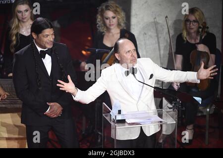 Robert Trujillo und Lars Ulrich, Mitglieder von Metallica, während einer Preisverleihung im Grand Hotel in Stockholm am 14. Juni 2018. Foto: Henrik Montgomery / TT ** SCHWEDEN AUS ** Stockfoto