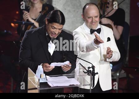 Robert Trujillo und Lars Ulrich, Mitglieder von Metallica, während einer Preisverleihung im Grand Hotel in Stockholm am 14. Juni 2018. Foto: Henrik Montgomery / TT ** SCHWEDEN AUS ** Stockfoto