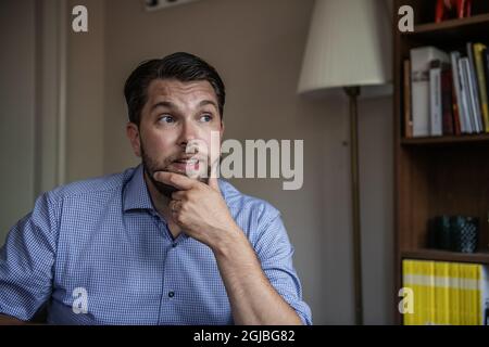 STOCKHOLM 2018-08-18 Jimmie Akesson, Vorsitzender der Schwedischen Demokraten bei einem Interview vor den Parlamentswahlen am 9. September 2018. Foto: Anna-Karin Nilsson / EXP / TT / kod 7141 ** AUS SCHWEDEN HERAUS ** Stockfoto