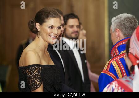 STOCKHOLM 20180914 Kronprinzessin Victoria begrüßt die Gäste zum Schwedenessen im Königlichen Palast in Stockholm am 14. September 2018. Foto: Soren Andersson / TT / kod 1037 Stockfoto
