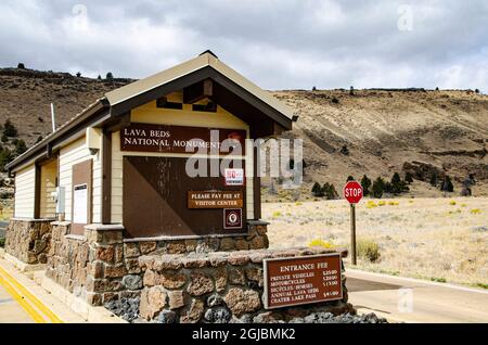 USA, Kalifornien. Lava Beds National Monument, Kiosk am Nordeingang Stockfoto