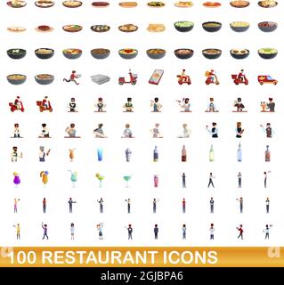 100 Symbole für Restaurants eingestellt. Cartoon-Illustration von 100 Restaurant-Symbole Vektor auf weißem Hintergrund isoliert gesetzt Stock Vektor