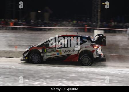 Ott Tanak und Martin Jarveoja aus Estland in ihrem Toyota Yaris WRC während des ersten Tages des zweiten Rundengangs der FIA-Rallye-Weltmeisterschaft, Rallye Schweden 2019, in Karlstad, Schweden, am 14. Februar 2019. Foto: Micke Fransson/TT/Kod 61460 Stockfoto