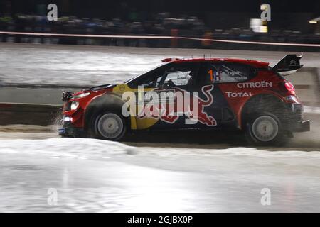 Sebastien Ogier und Julien Ingrassia aus Frankreich in ihrem Citroën C3 WRC am 1. Tag des zweiten Rundengangs der FIA-Rallye-Weltmeisterschaft, Rallye Schweden 2019, in Karlstad, Schweden, am 14. Februar 2019. Foto: Micke Fransson/TT/Kod 61460 Stockfoto