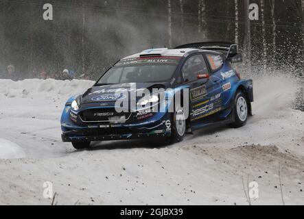 Teemu Suninen FIN/Markko Salminen FIN, Ford Fiesta WRC auf Sonderphase 10 am 3. Tag des zweiten Rundengangs der FIA-Rallye-Weltmeisterschaft, Rallye Schweden 2019, in Schweden, 156. Februar 2019. Foto: Micke Fransson/TT kod 61460 Stockfoto