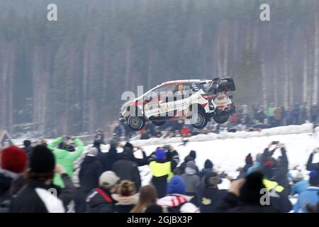 Jari-Matti Latvala FIN/Miikka Anttila FIN, Toyota Yaris WRC bei der Sonderphase 13 am 3. Tag des zweiten Rundengangs der FIA-Rallye-Weltmeisterschaft, Rallye Schweden 2019, in Schweden, 156. Februar 2019. Foto: Micke Fransson/TT kod 61460 Stockfoto