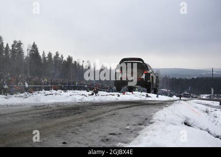 Ott Tanak EST/Martin Jarveoja EST, Toyota Yaris WRC bei der Sonderetappe 13 am 3. Tag des zweiten Rundengangs der FIA-Rallye-Weltmeisterschaft, Rallye Schweden 2019, in Schweden, 156. Februar 2019. Foto: Micke Fransson/TT kod 61460 Stockfoto