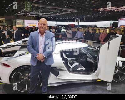 Christian Koenigsegg vor seinem neuen, nach seinem Vater benannten Wagen „Jerko“, der am Montag auf dem 89. Genfer Automobilsalon in der Palexpo in Genf, Schweiz, ausgestellt wurde, 6. März 2019 Foto: Bjorn Ewenfeldt / TT / kod 10510 Stockfoto