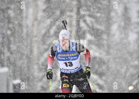 Der Norweger Vetle Sjaastad Christiansen tritt am 09. März 2019 während des Sprints über 10 km bei den IBU-Biathlon-Weltmeisterschaften in Oestersund, Schweden, an. Foto: Anders Wiklund / TT / Code 10040 Stockfoto